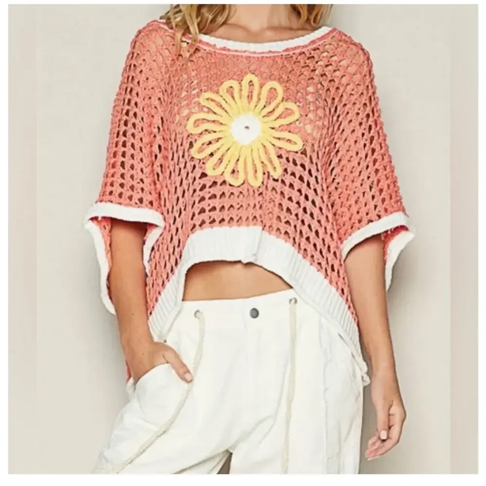 POL Flower Open Knit Crochet Sweater Daisy orange sz S - Picture 4 of 14